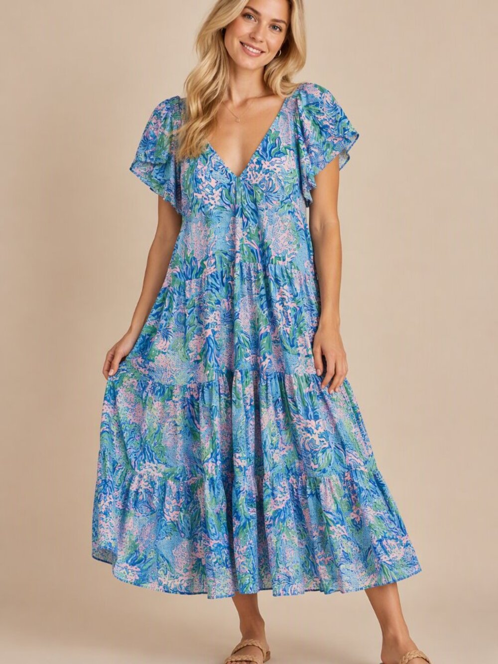 Lilly Pulitzer Kawai Flutter Sleeve Tiered Dress Large